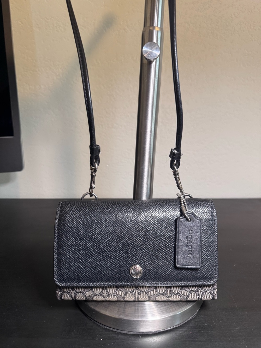 Coach Black Leather Crossbody Wallet with Signature Canvas Accent